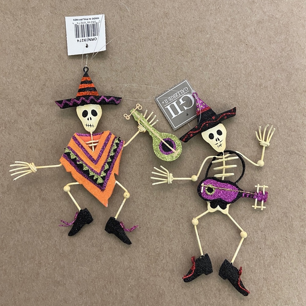 Halloween skeleton Rock Star ornaments set of 2